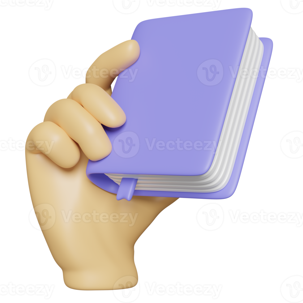 3d Hand holds purple textbook, close book isolated. education, knowledge creates ideas concept, minimal abstract, 3d render illustration png