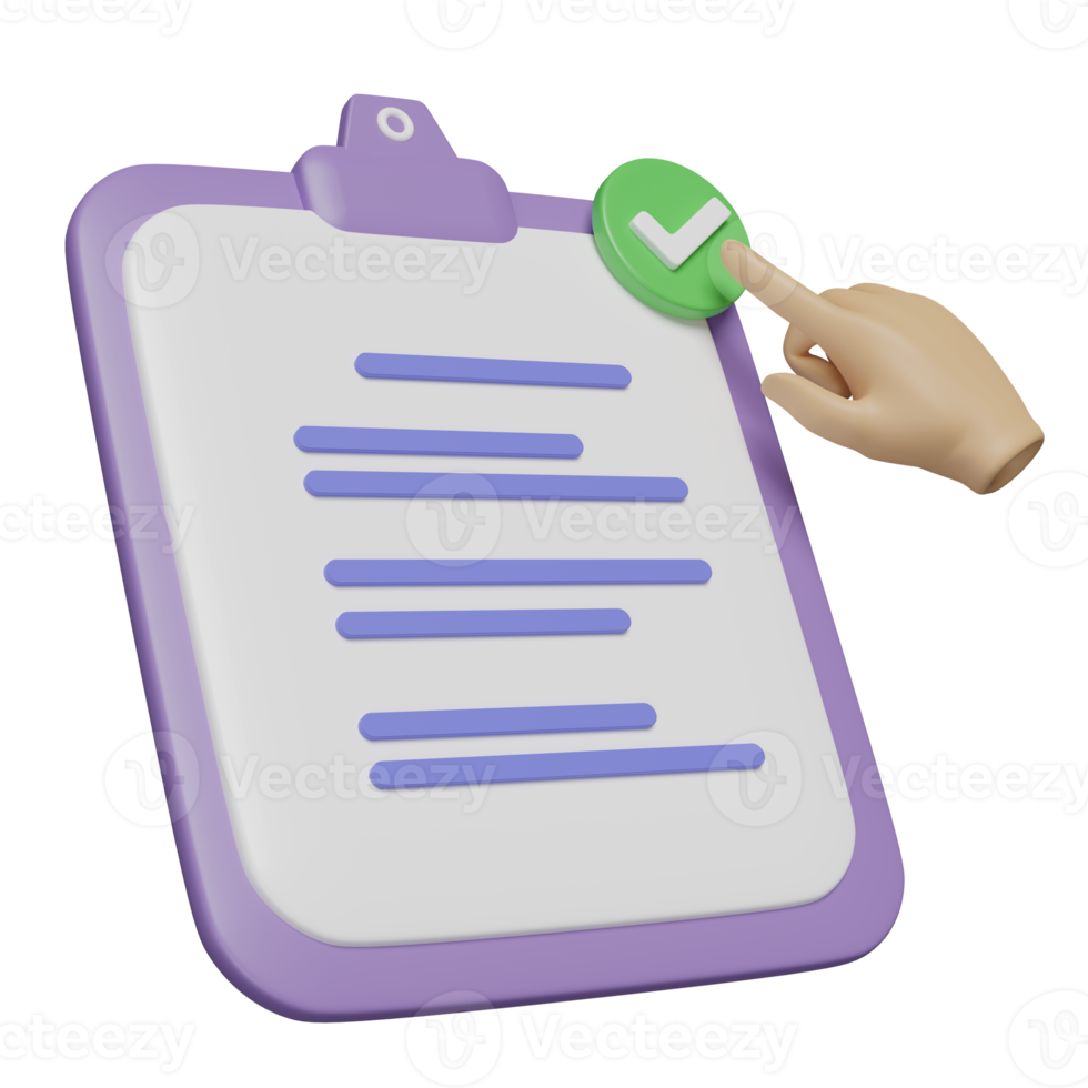 3d purple clipboard white checklist paper icon with hand pointing checkmark isolated. project plan, business strategy, quality control concept, 3d render illustration png