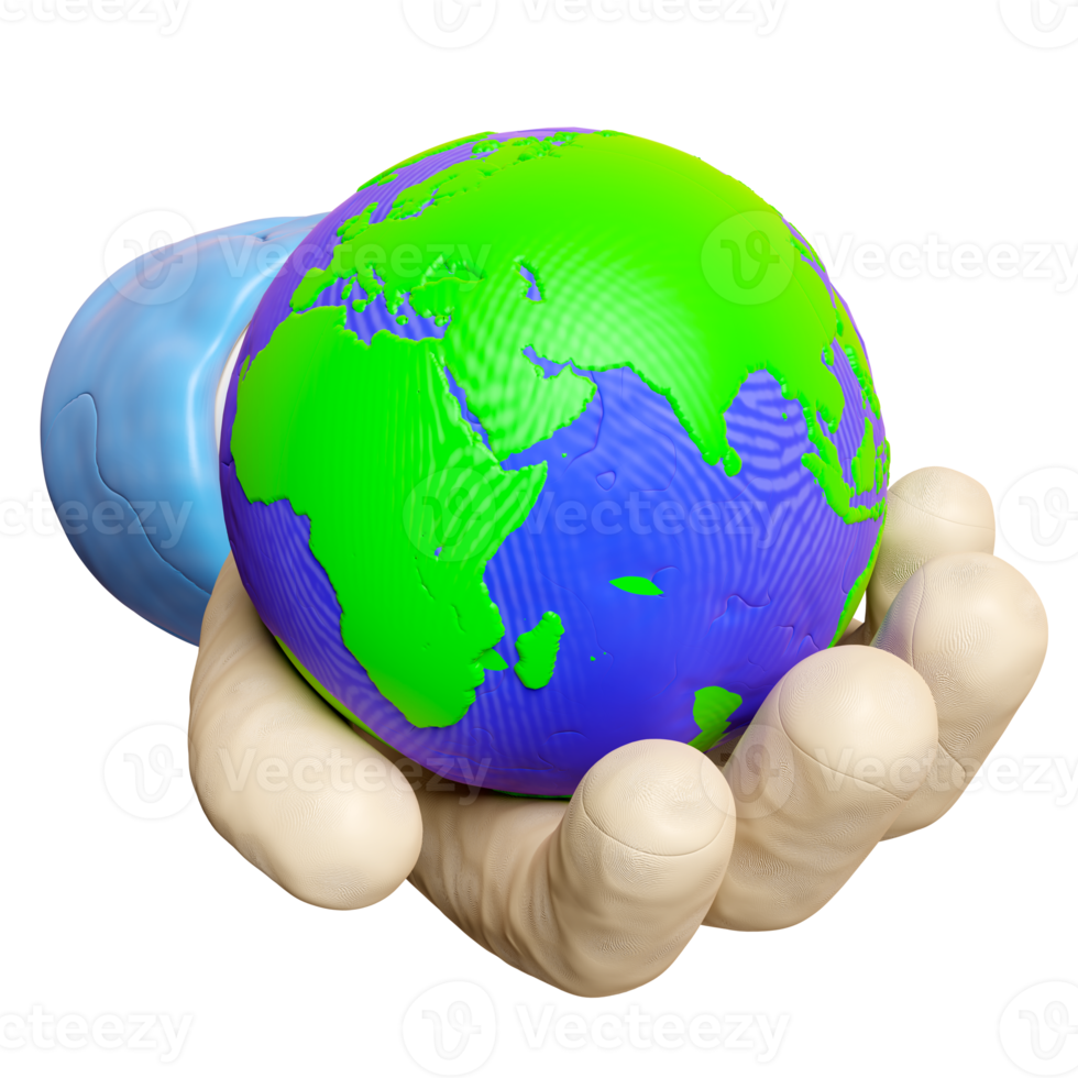 3d mano sujetando el planeta tierra de plastilina aislado. icono de juguete de arcilla mundial, concepto del día de la tierra, ilustración de presentación 3d png