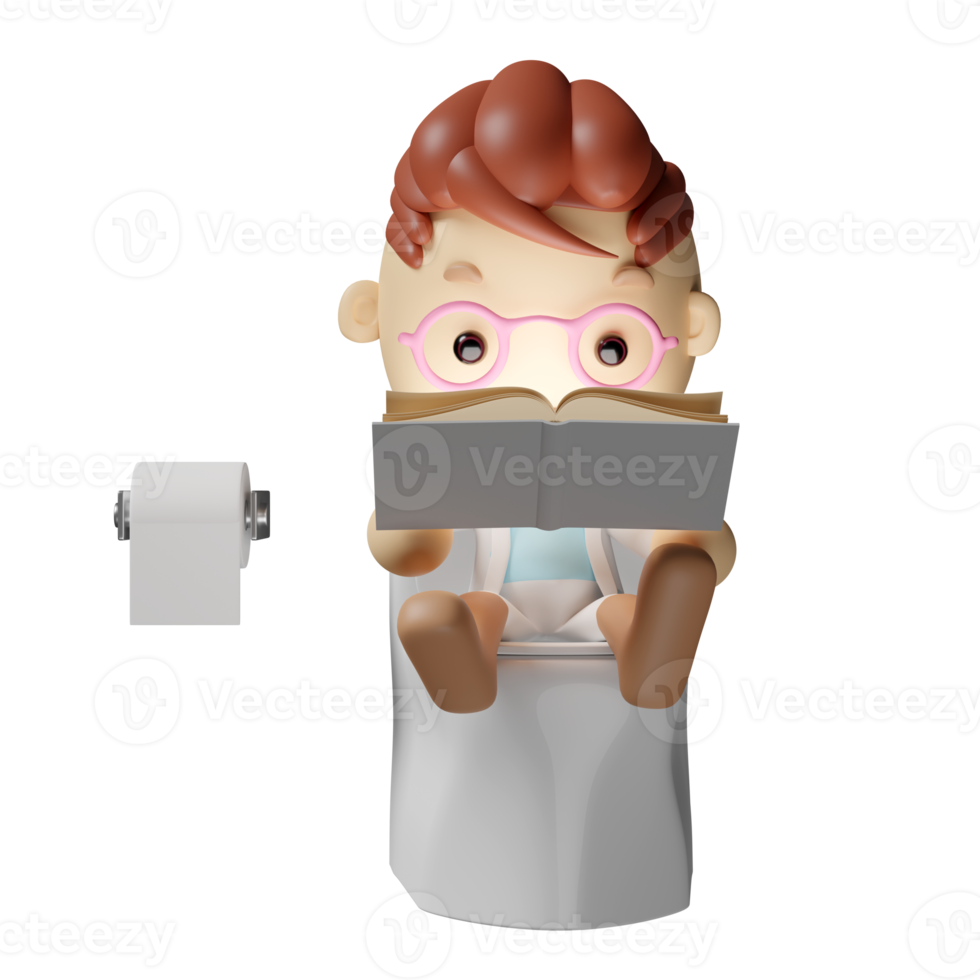 3d cartoon boy character sitting on the toilet in the bathroom reading a book isolated. 3d render illustration, clipping path png