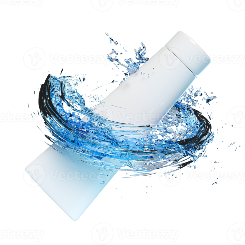 3d toothpaste tube with water splash, clear blue water scattered around for product for dental care, skin care, cosmetic, advertising isolated. 3d render illustration png