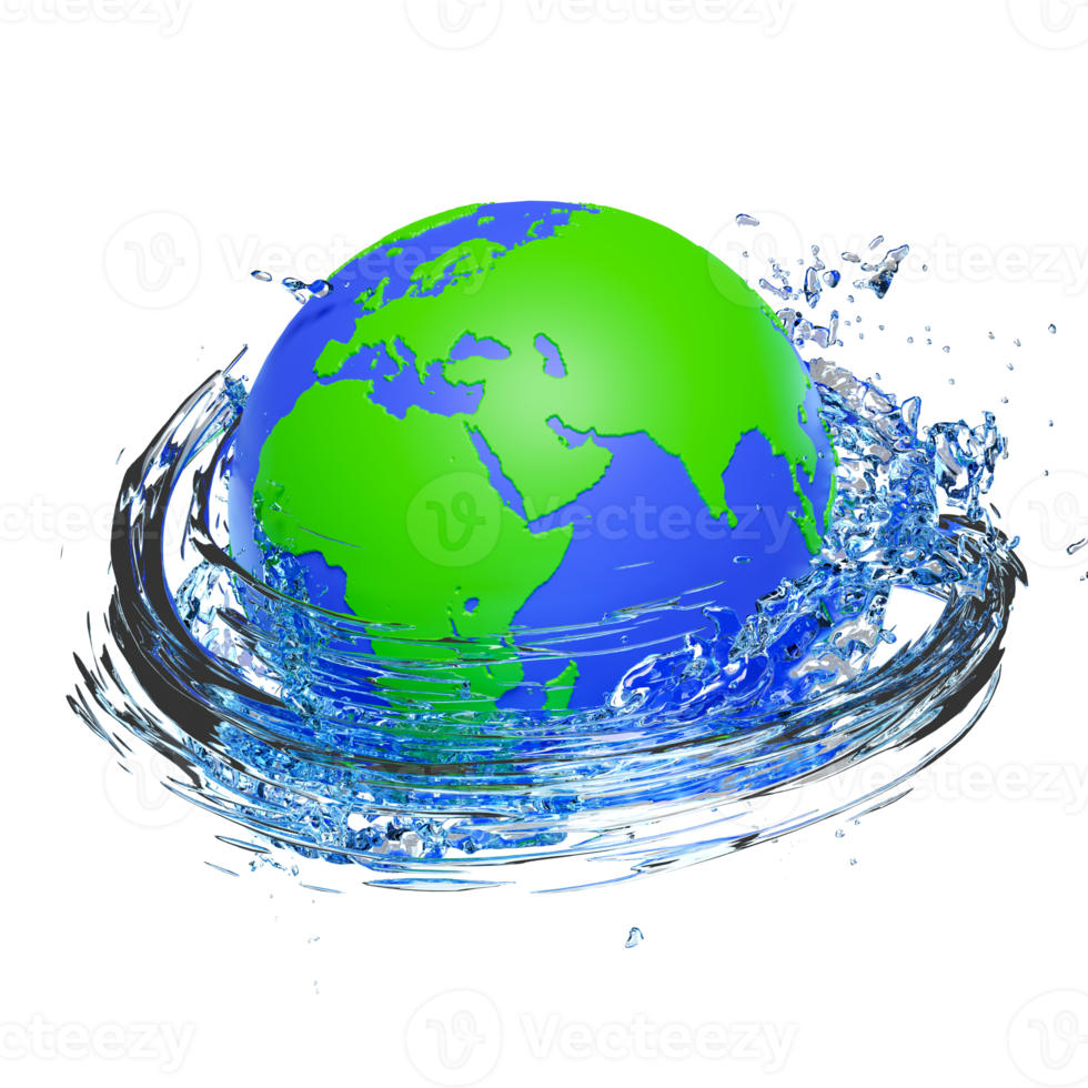 3d world water day concept with water splash, clear blue water scattered around isolated. 3d render illustration png