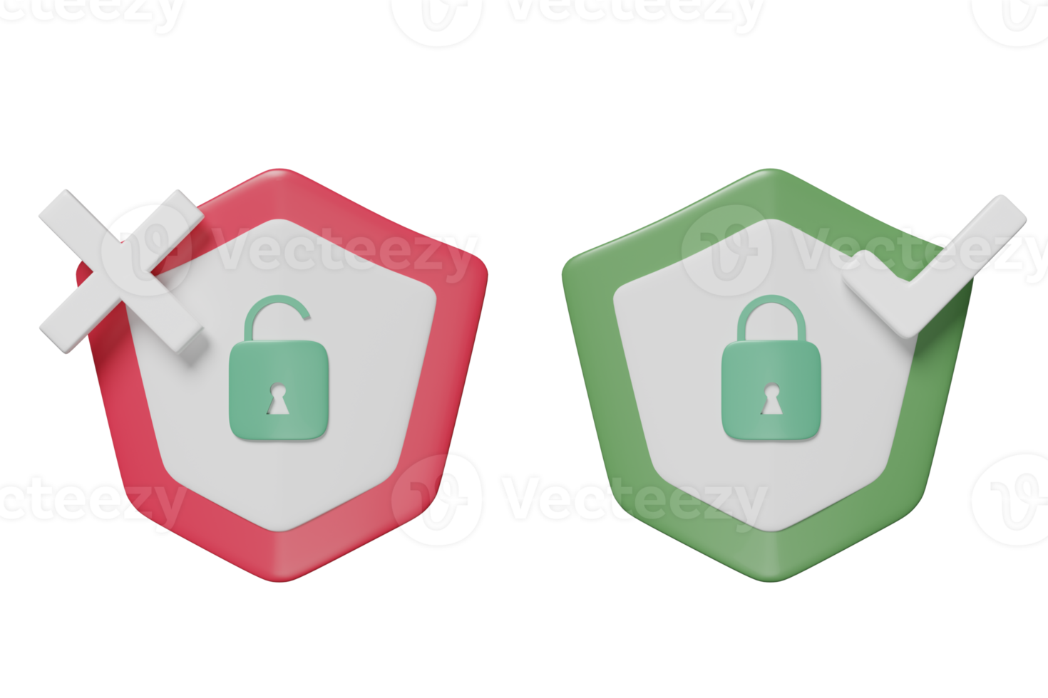 Comprobación de escudo 3d y escudo inseguro con marca de verificación cruzada, candado, llave aislada. seguridad de Internet o protección de la privacidad o concepto de protección de ransomware, ilustración de renderizado 3d png