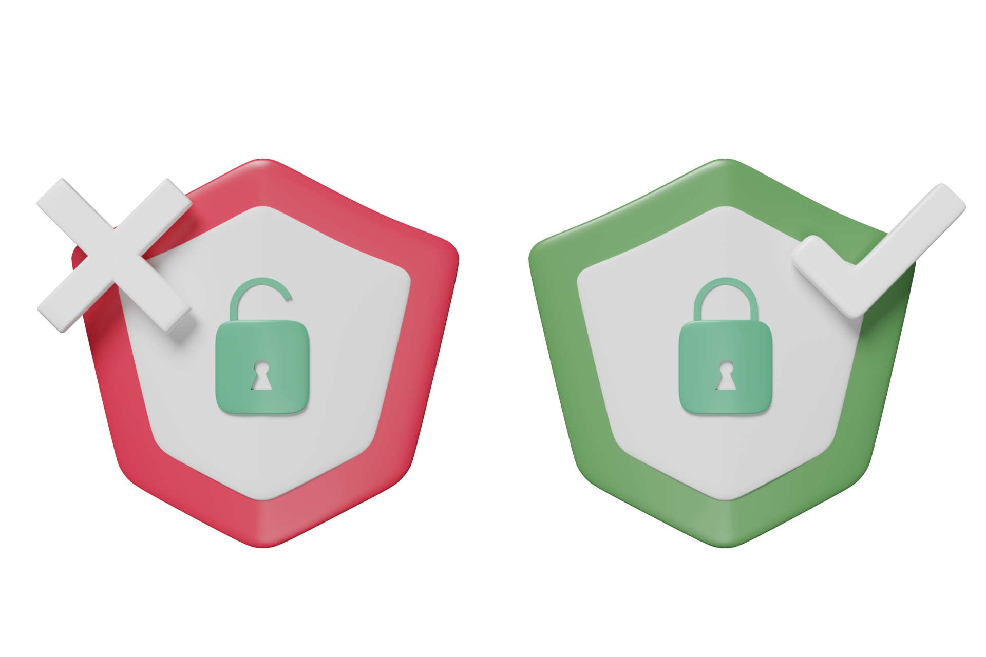 3d shield check and shield insecure with cross check mark, padlock, key