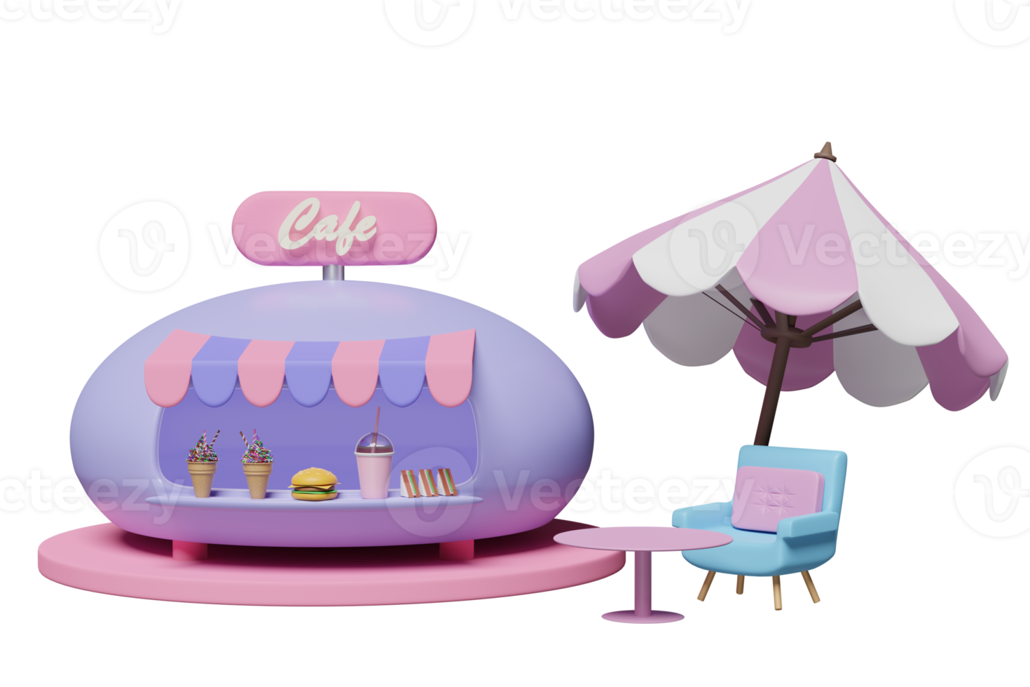 3d winkel op te slaan cafe met sofa stoel, ijs room, koffie tafel, paraplu, Hamburger of hamburger, broodje, glas geïsoleerd. zomer reis, 3d geven illustratie png