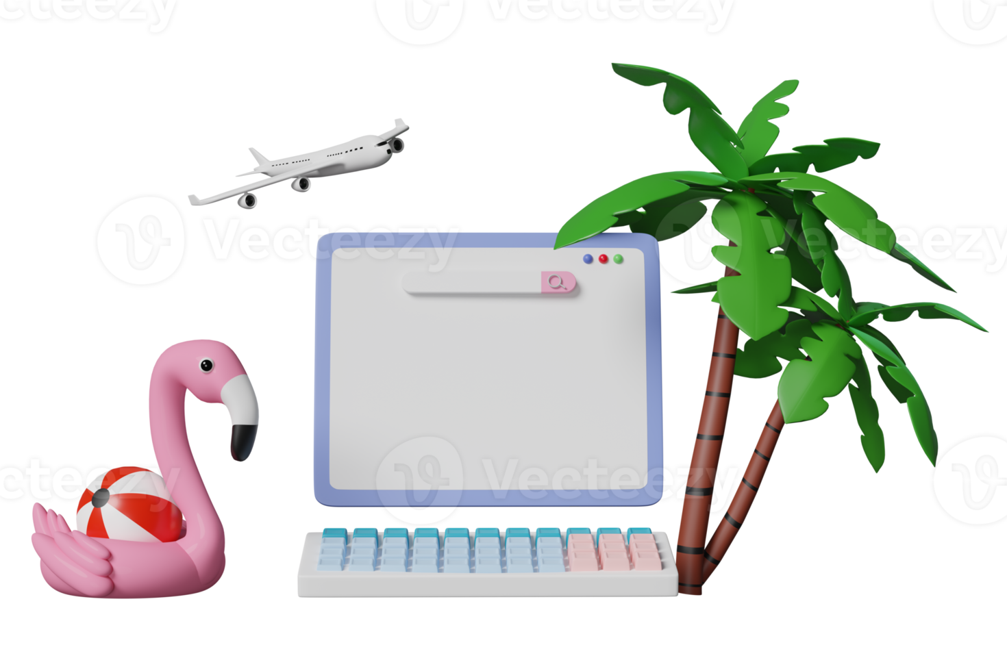 3D-Laptop-Computermonitor mit leerer Suchleiste, Palme, aufblasbarem Flamingo, Flugzeug isoliert. Online-Shopping-Sommerschlussverkauf, Vorlagenkonzept, 3D-Darstellung png