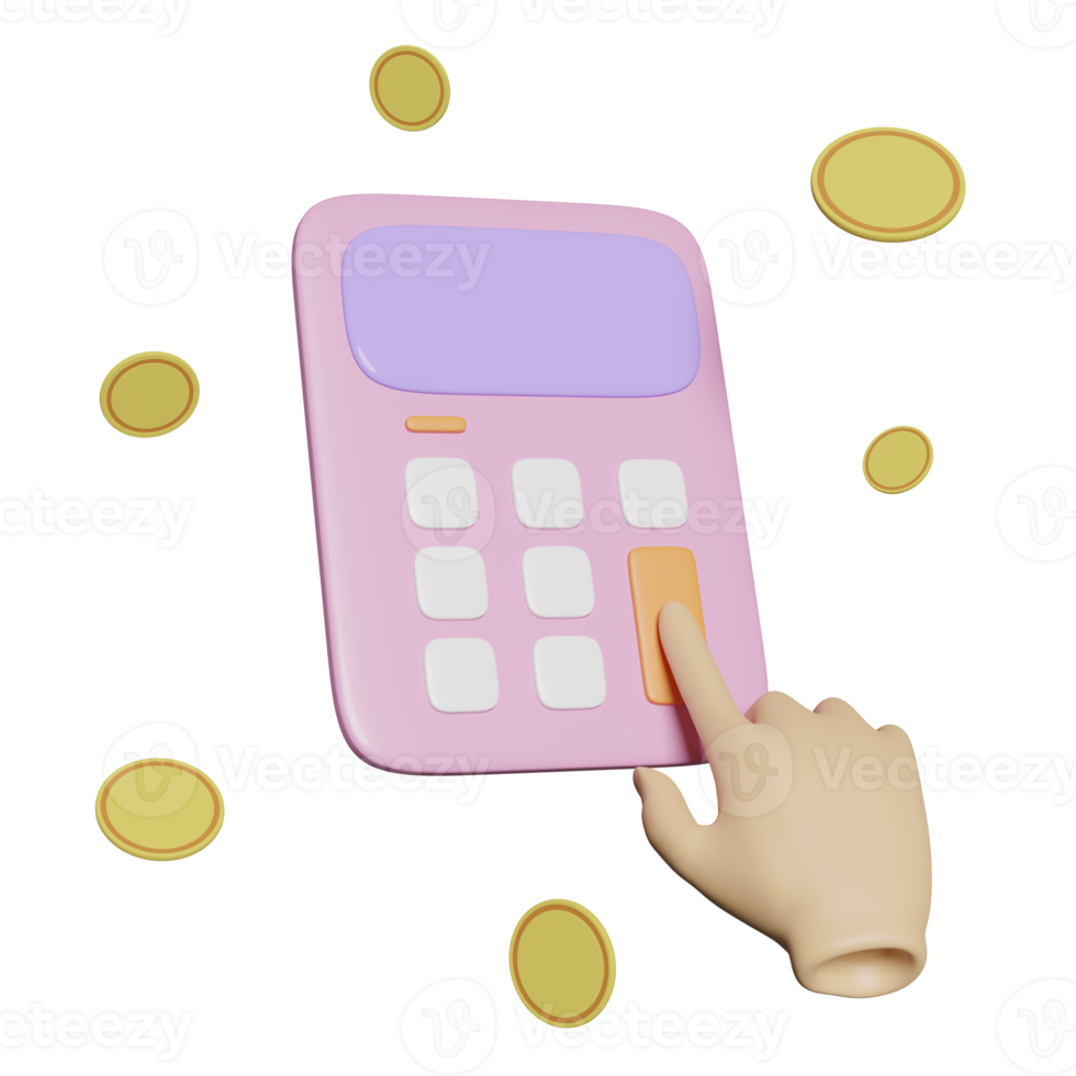 3d hand using pink calculator icon with coins for accounting finance isolated. minimal concept 3d render illustration png