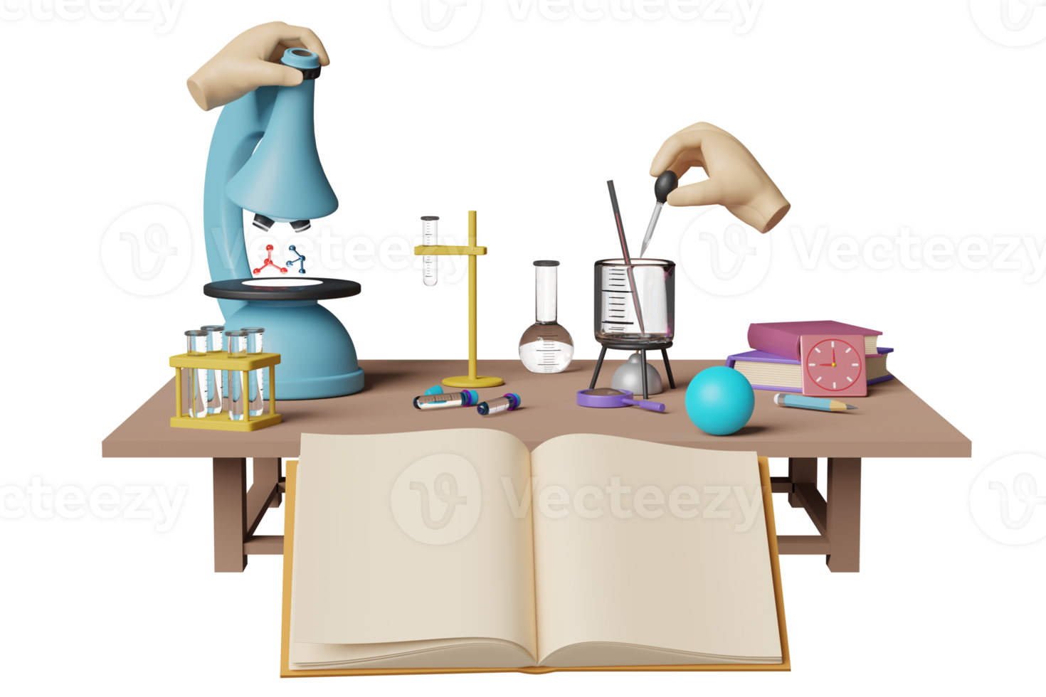 3d science experiment kit with microscope, globe, magnifying, beaker, test tube, desk, open book isolated. room innovative education, e-learning concept, 3d render illustration png