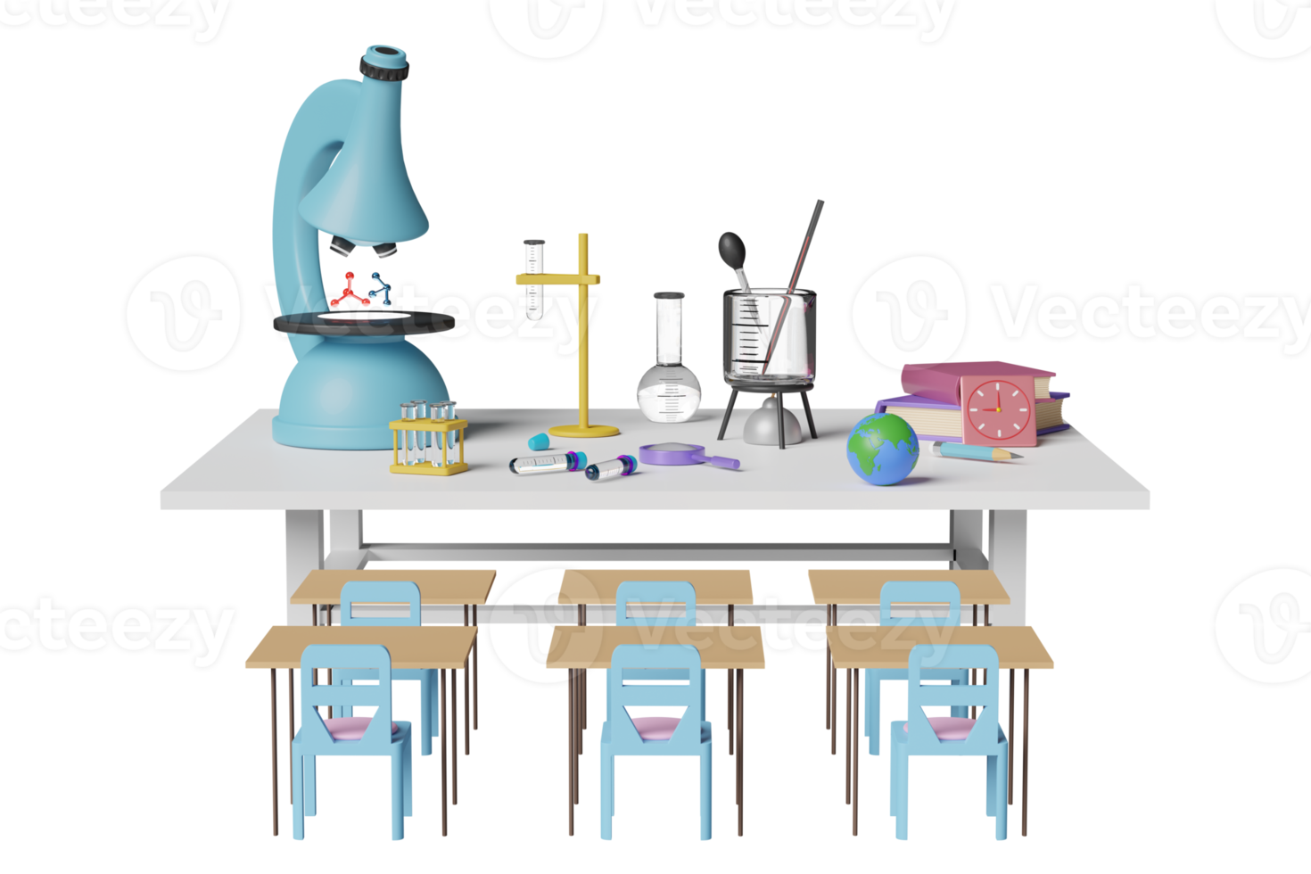 Kit de experimentos científicos 3d con microscopio, globo, lupa, vaso de precipitados, tubo de ensayo, escritorio para estudiantes, silla aislada. sala de educación innovadora, concepto de e-learning, ilustración de renderizado 3d png