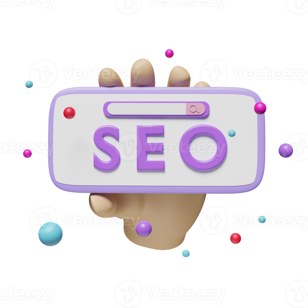 3D SEO, Search Engine Optimization with hand holds mobile phone, smartphone icons, search bar, magnifying isolated. online social concept, 3d render illustration png