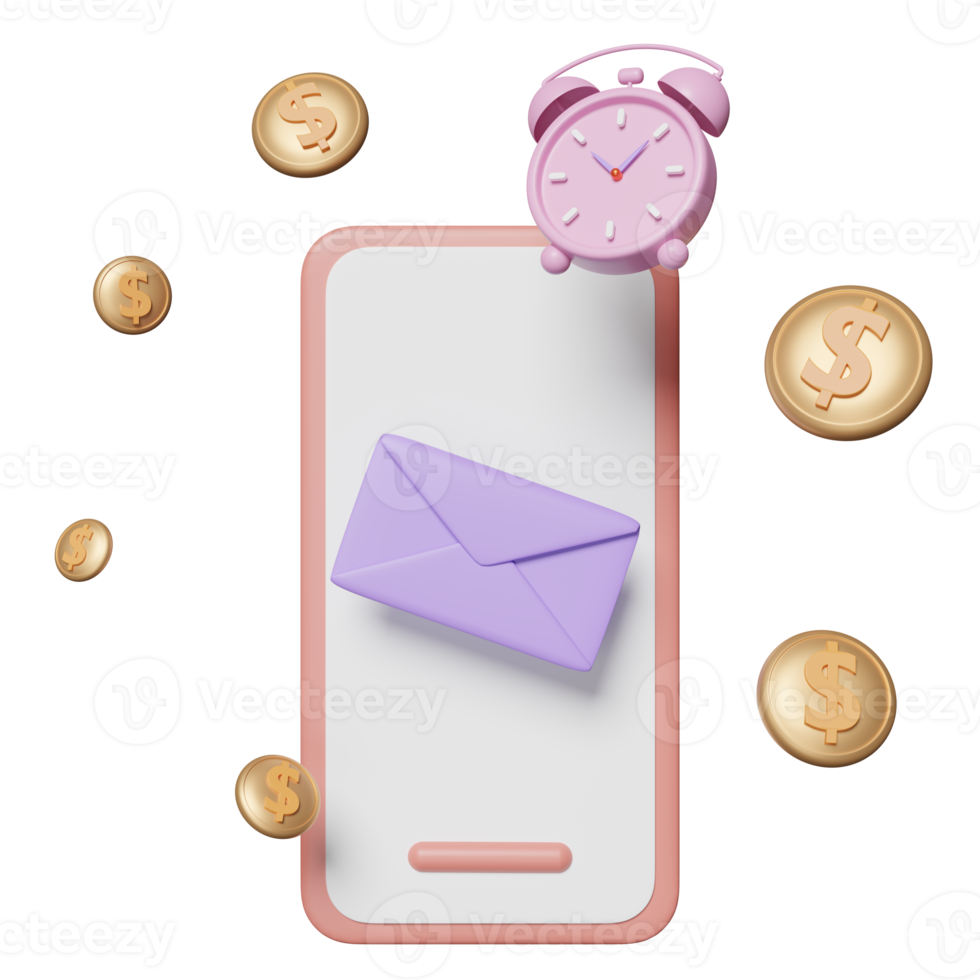 3d mobile phone, smartphone with  envelope, alarm clock wake-up time, coins isolated. notify newsletter, online incoming email, 3d render illustration png