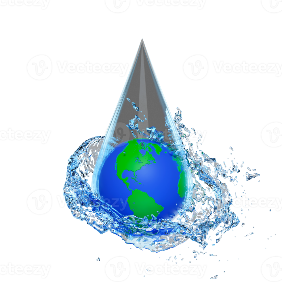 3d world water day concept with earth in water drop, water splash, clear blue water scattered around isolated. 3d render illustration png