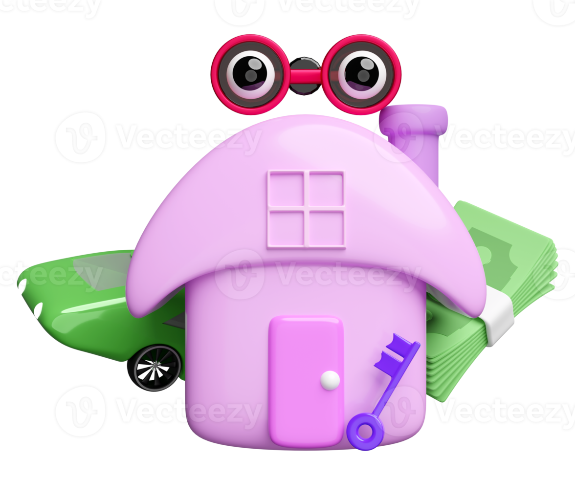 3d Purper huis met sleutel, auto, bankbiljet stapel, verrekijker geïsoleerd. 3d geven illustratie png