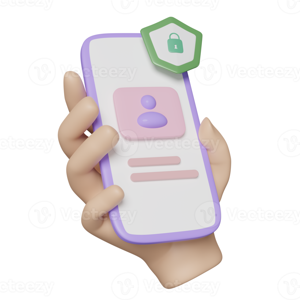 3d social media mit handgriff handy, smartphone, schildikonen, menschen isoliert. internetsicherheit, datenschutz, ransomware-schutz, identitätsüberprüfung, 3d-rendering png