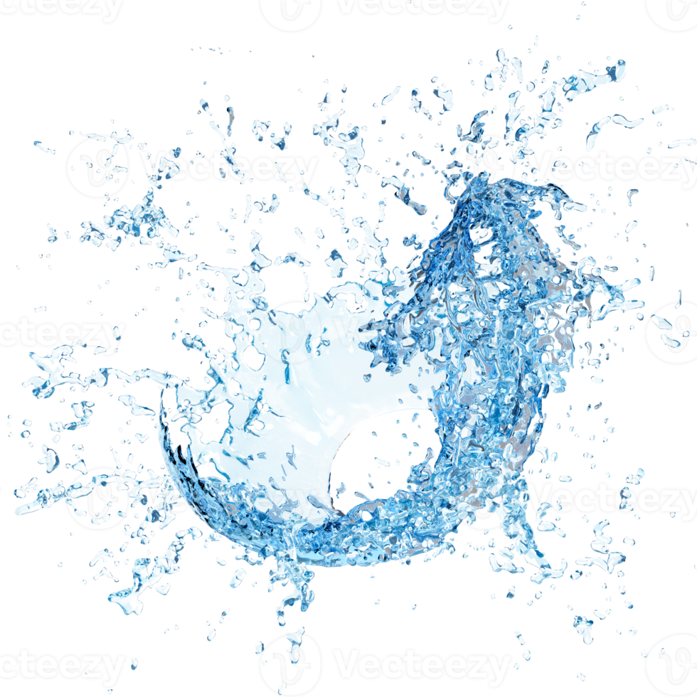 3D klares blaues Wasser herum verstreut, Wasserspritzer transparent isoliert. 3D-Darstellung png