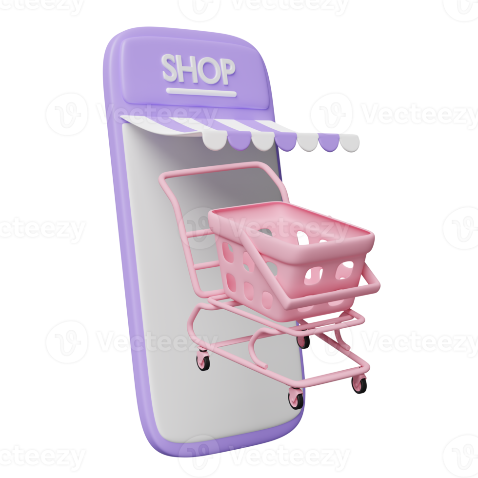 Téléphone mobile violet 3d, smartphone avec devanture de magasin, panier, panier isolé. achats en ligne, concept minimal, illustration de rendu 3d png