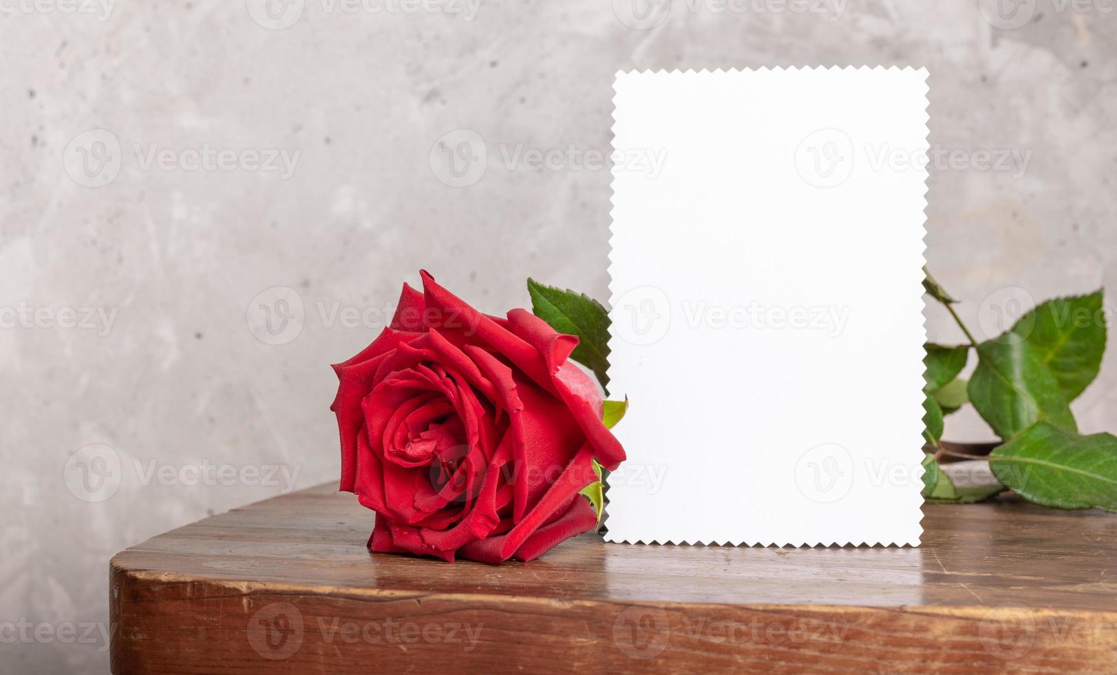 Red rose with white paper sheet for text on old rustic wooden table on light concrete wall backdrop photo