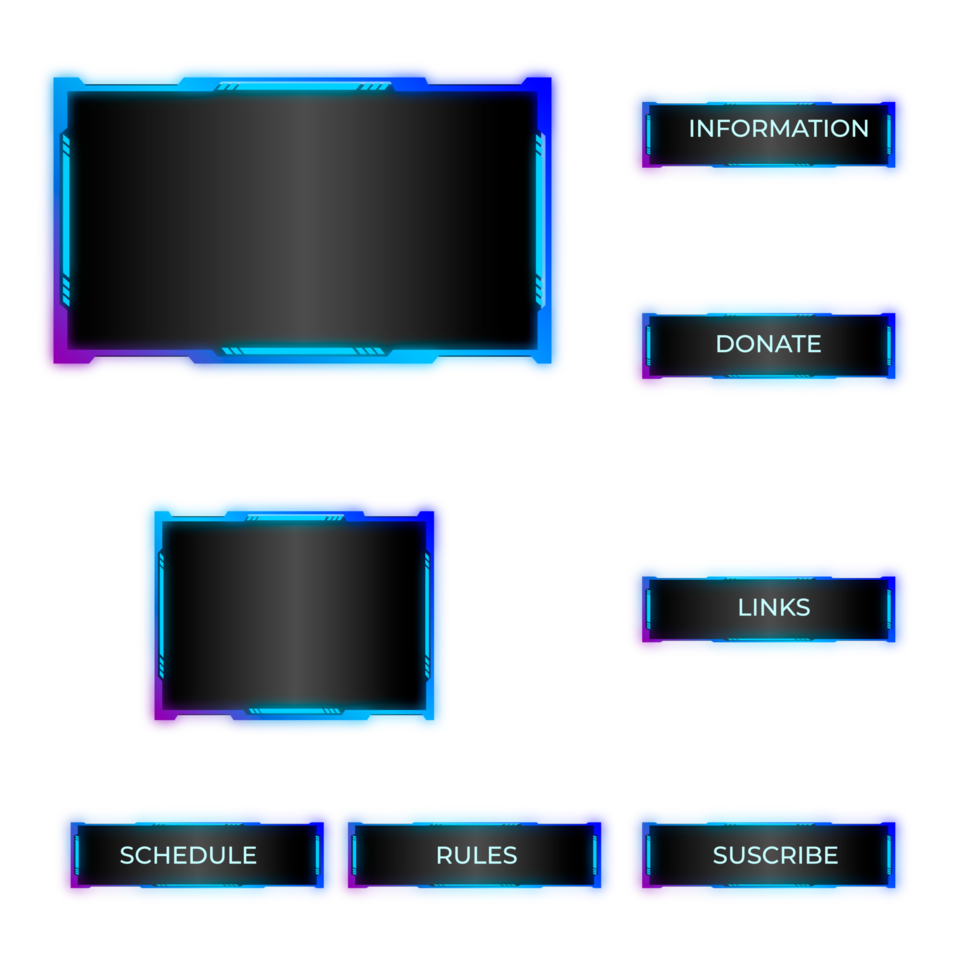 Game stream frames. Glow theme for live conference of gaming streamers, hud frame twitch streaming media gamer broadcast webcam digital box video screen, garish vector illustration png