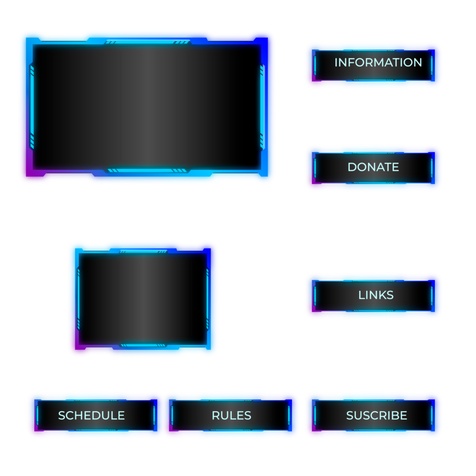 Game stream frames. Glow theme for live conference of gaming streamers, hud frame twitch streaming media gamer broadcast webcam digital box video screen, garish vector illustration png