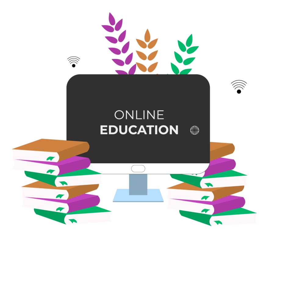 Online education design with book and computer for digital classroom png