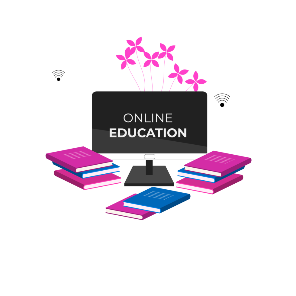 Online education design with book and computer for digital classroom png