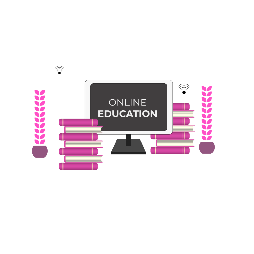 Online education design with book and computer for digital classroom png