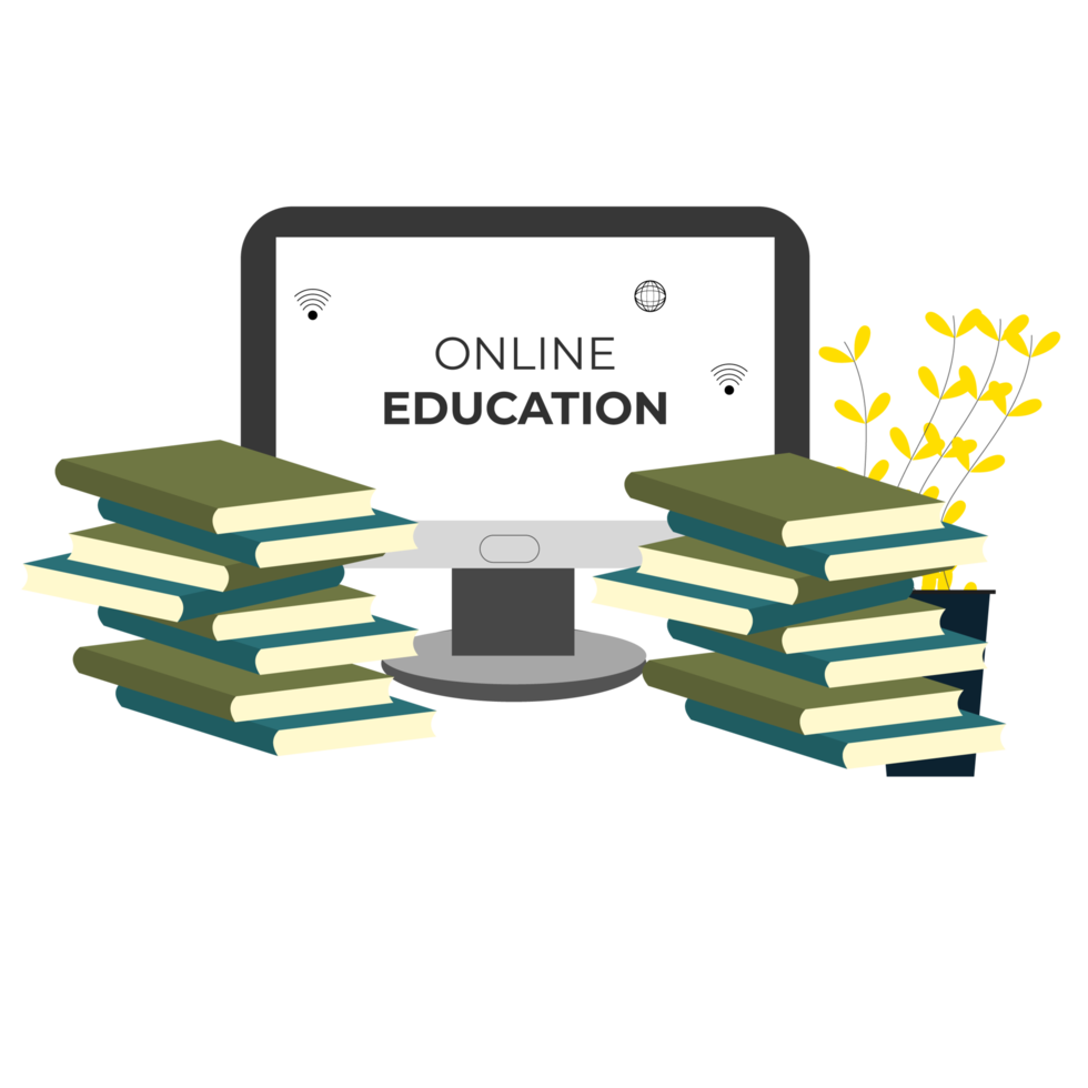 Online education design with book and computer for digital classroom png