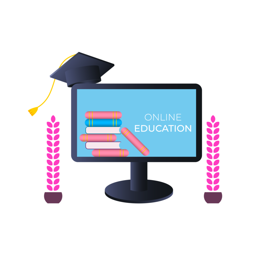 design de educação online com livro e computador para sala de aula digital png