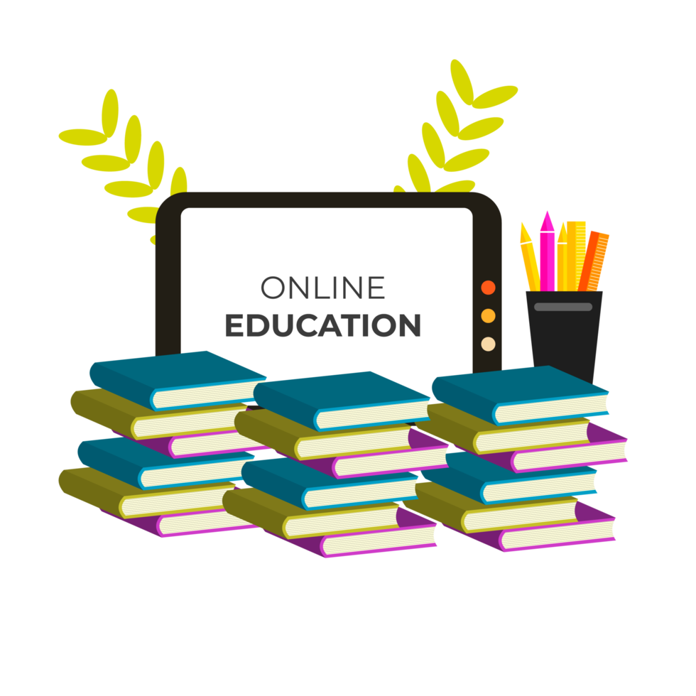 Online education design with book and computer for digital classroom png