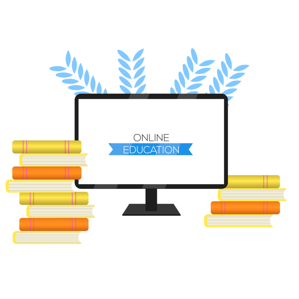 Online education design with book and computer for digital classroom png