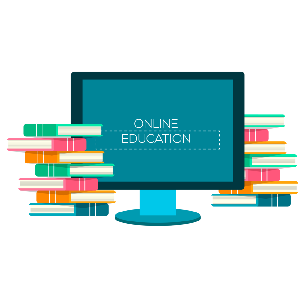 diseño de educación en línea con libro y computadora para aula digital png