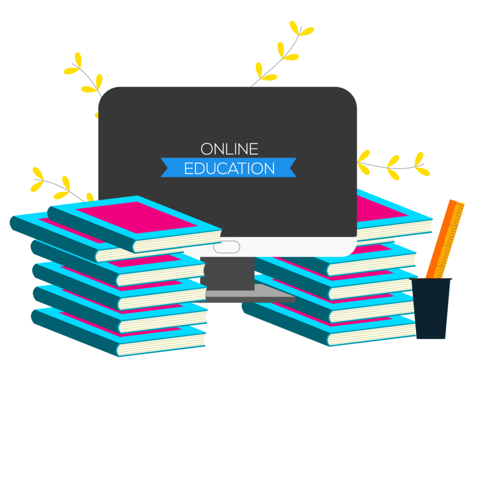 diseño de educación en línea con libro y computadora para aula digital png