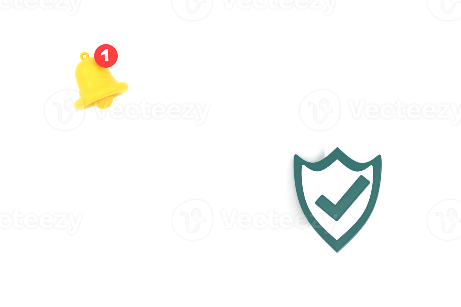 3D. Empty reminder pop up, notification bell icon with shield check mark. png