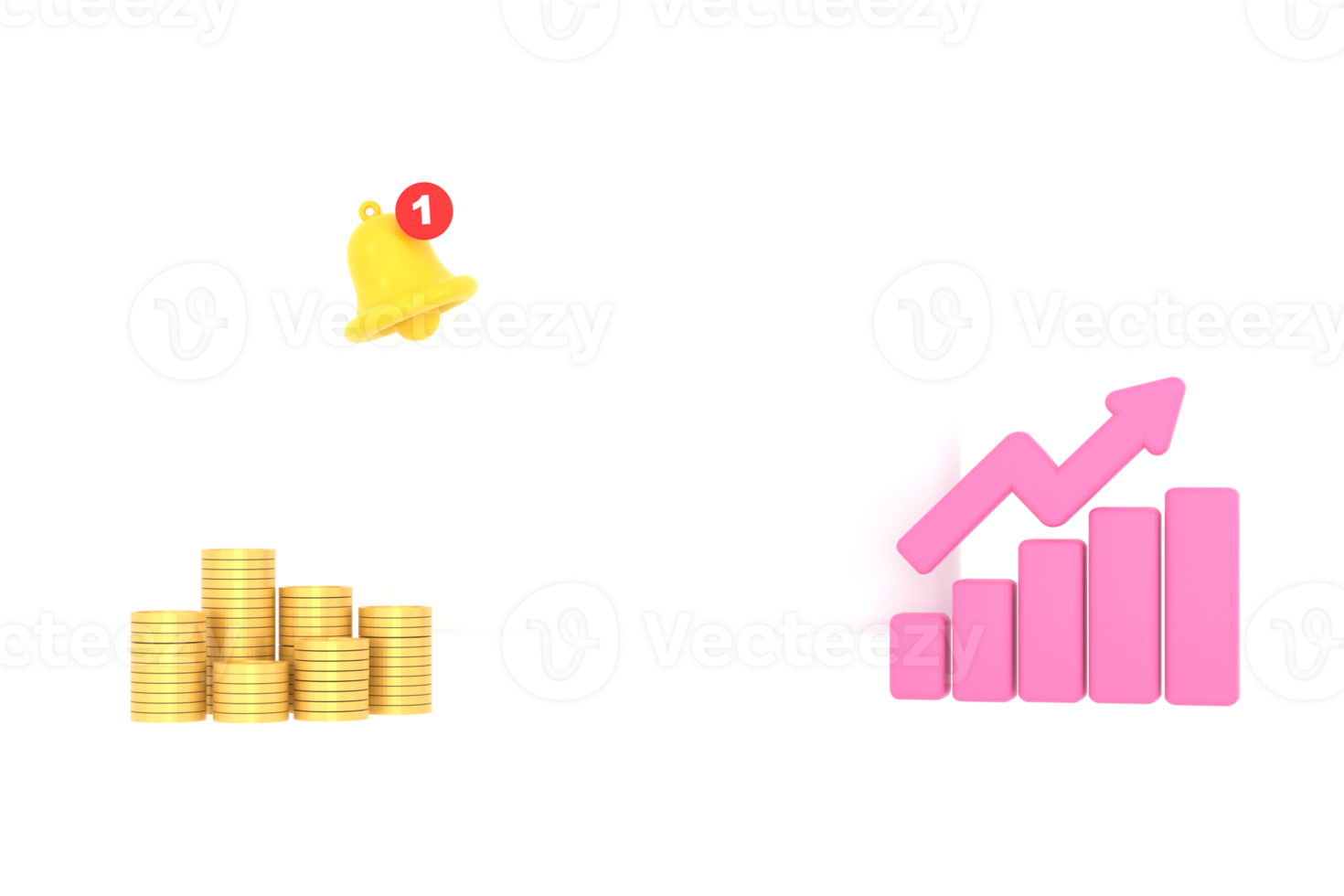 3D. Empty reminder pop up, notification bell icon with graph and coins png