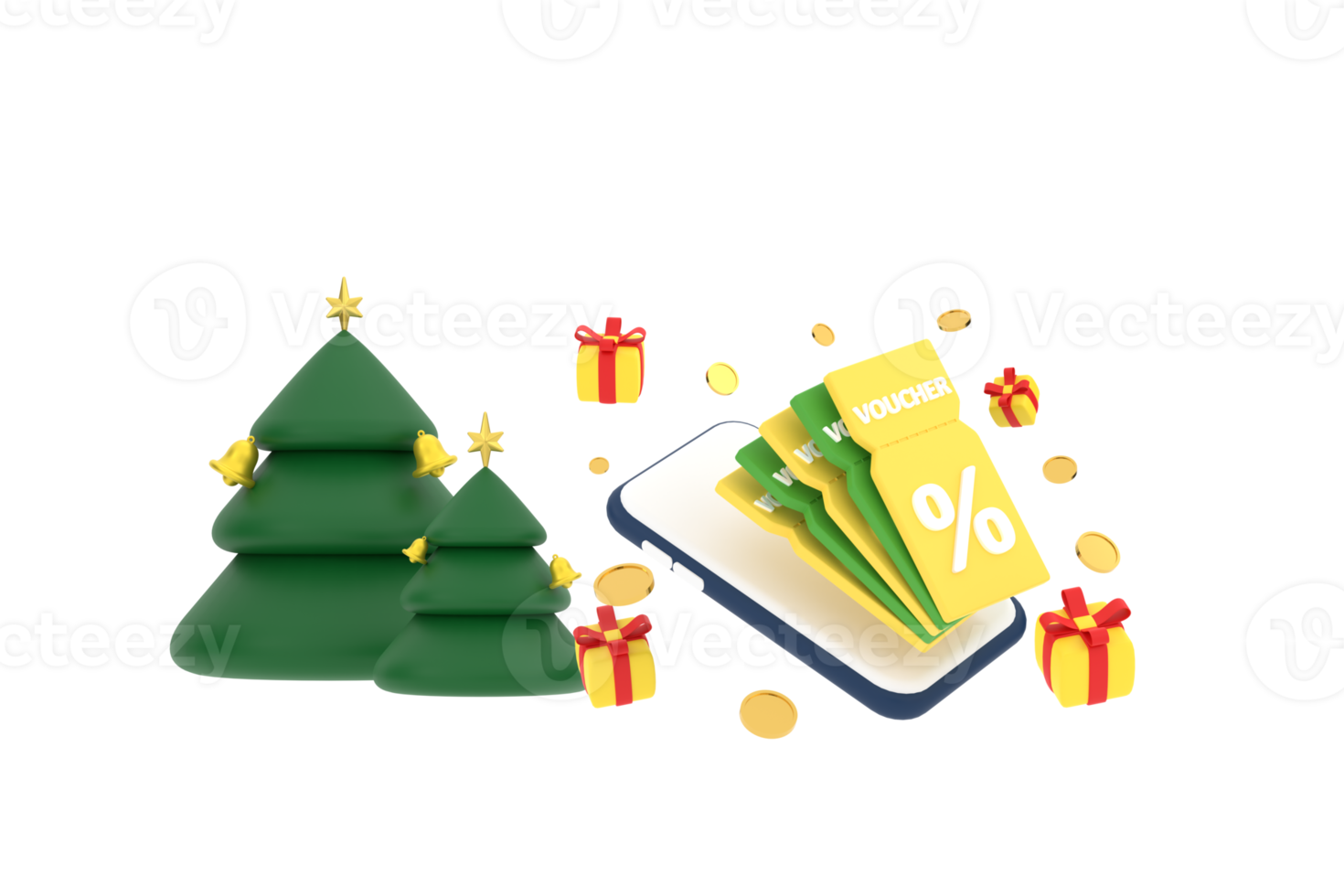 3d. smartphone auf rabattgutschein mit prozentzeichen mit münzen und geschenkbox, weihnachtsbaum. png