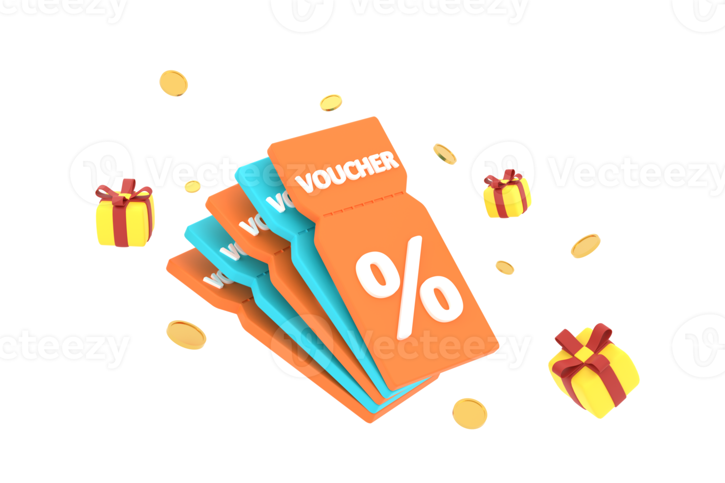 3D. discount coupon with percentage sign with coins and gift box. Voucher card cash back. png