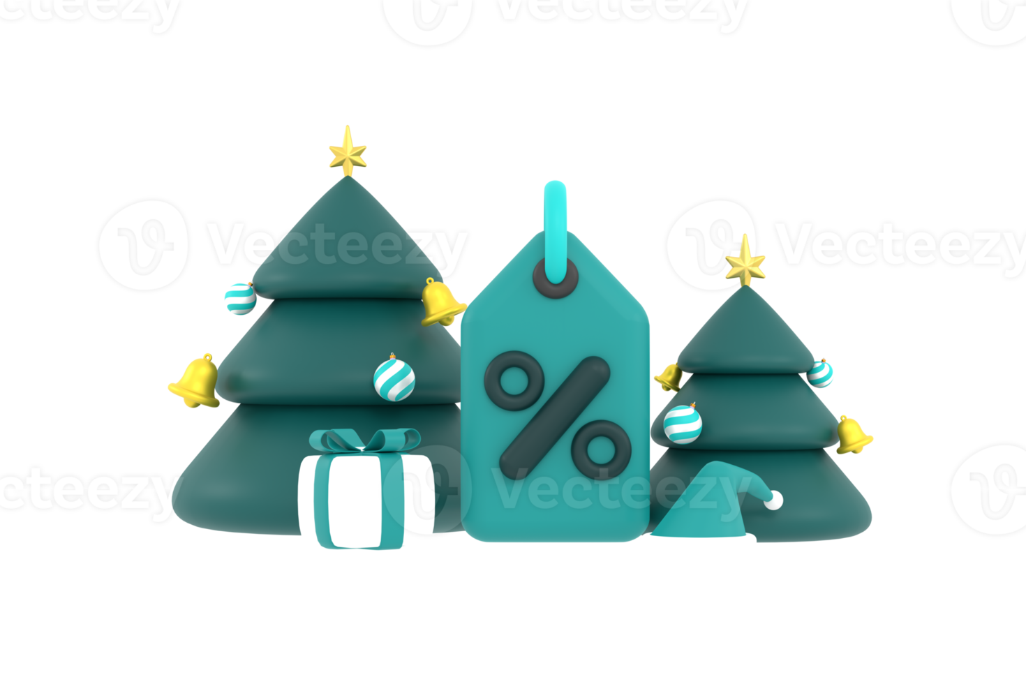 3d. weihnachtsverkaufsanhänger, weihnachtsbaum, weihnachtsmütze und geschenkbox. weihnachtsferien-einkaufsaktion. png