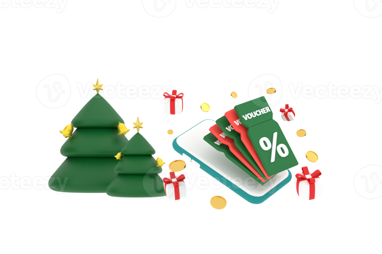 3d. smartphone auf rabattgutschein mit prozentzeichen mit münzen und geschenkbox, weihnachtsbaum. png