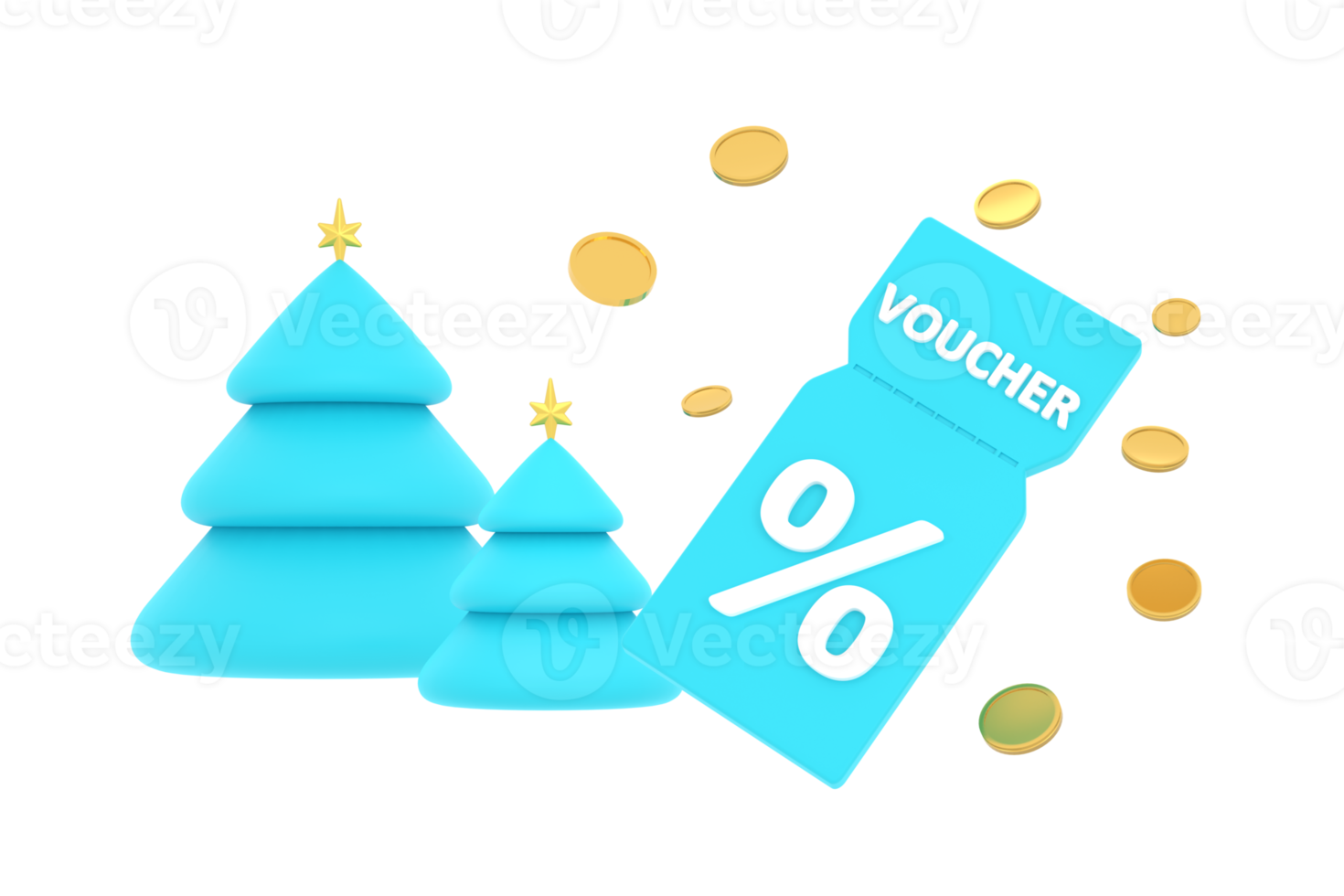 3D. discount coupon with percentage sign with coins. Voucher card cash back christmas tree. png