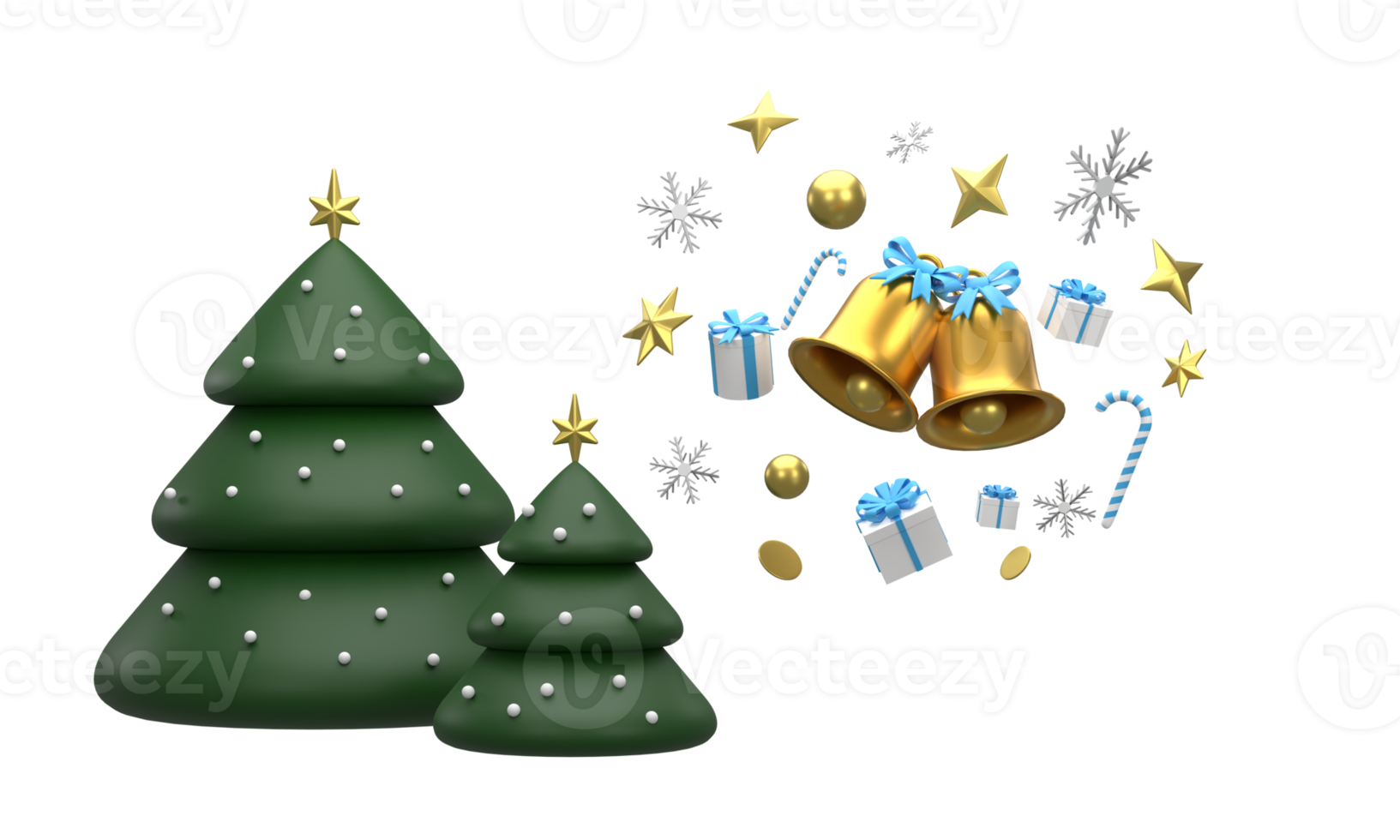 3D. Merry Christmas background with shining gold ornaments. Christmas tree,  snowflakes, gift, candy, png