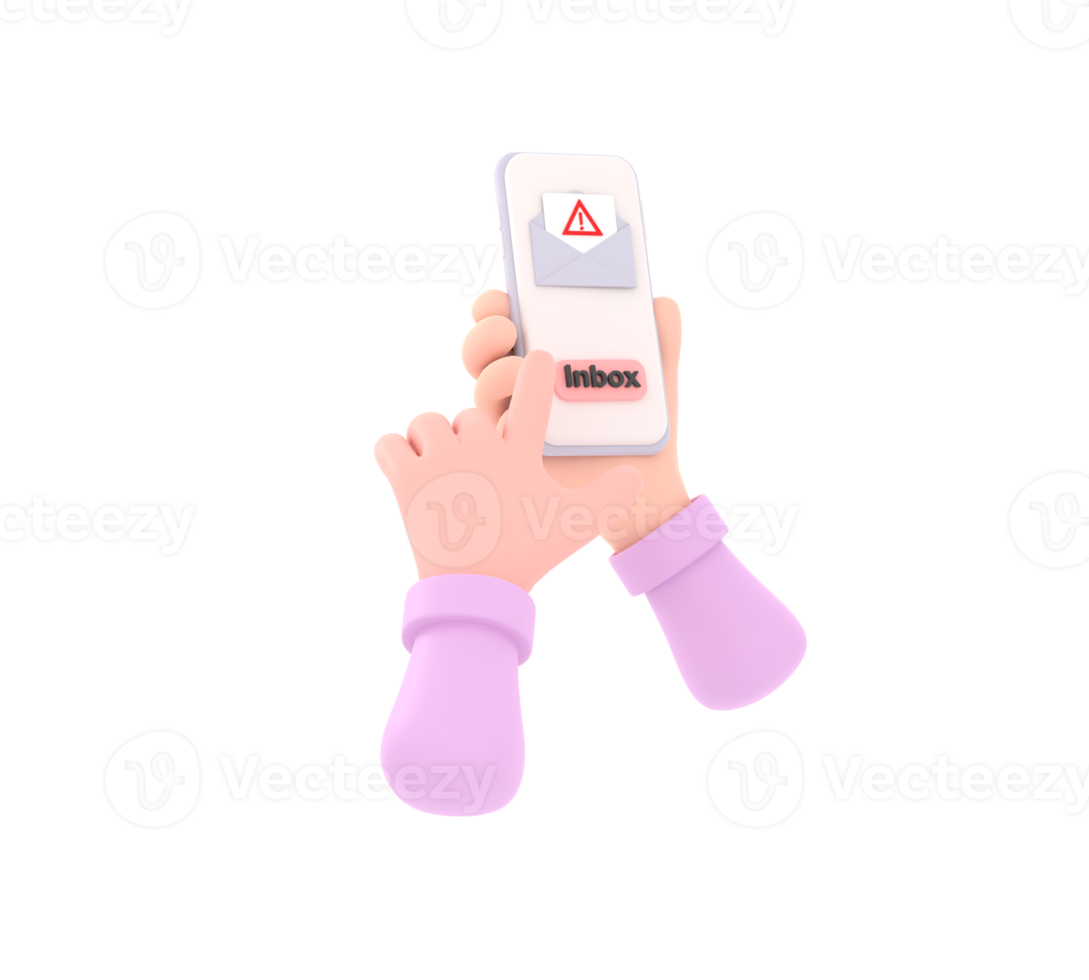 3d. mão segurando um celular com um sms fraudulento na tela. alerta de golpe de mensagens eletrônicas png
