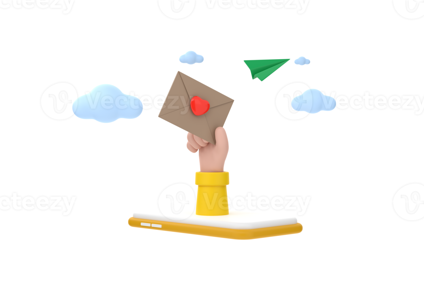 3D. hand hold envelope letter on mobilephone, mail letter with red heart and paper plane. png
