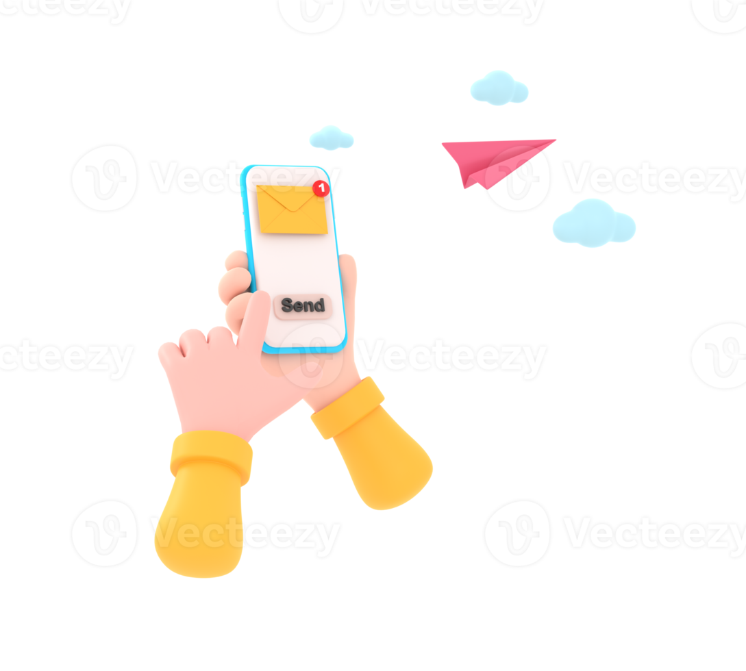 3d. mano Tenere il smartphone con e-mail applicazione su schermo e carta aereo. png