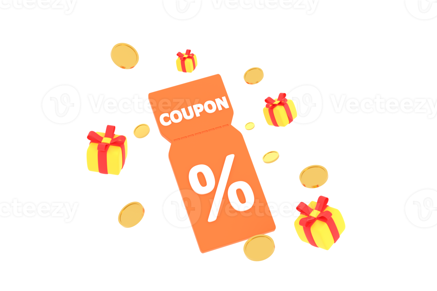 3D. discount coupon with percentage sign with coins and gift box. Voucher card cash back. png