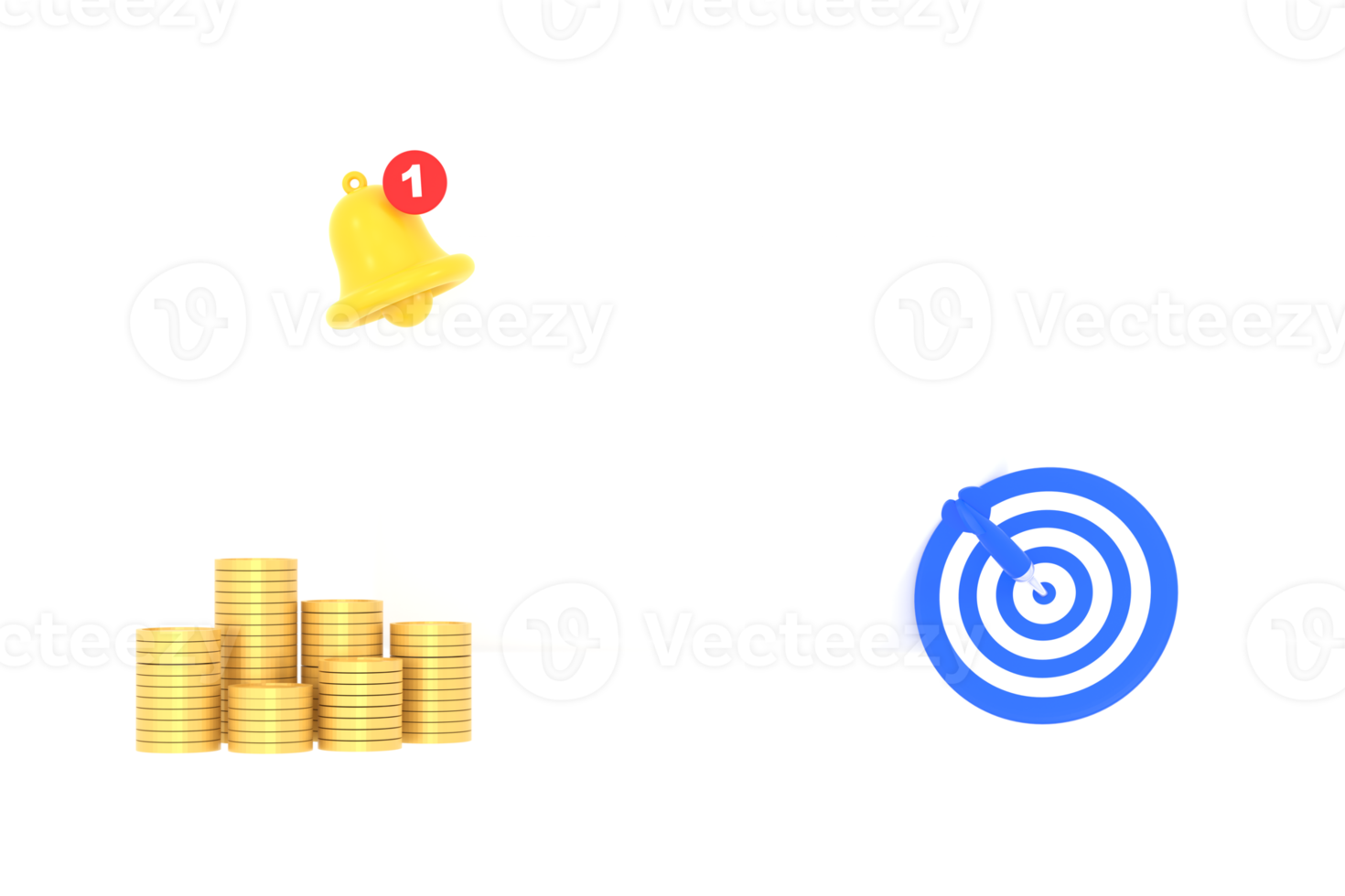 3D. Empty reminder pop up, notification bell icon with darts and coins. png