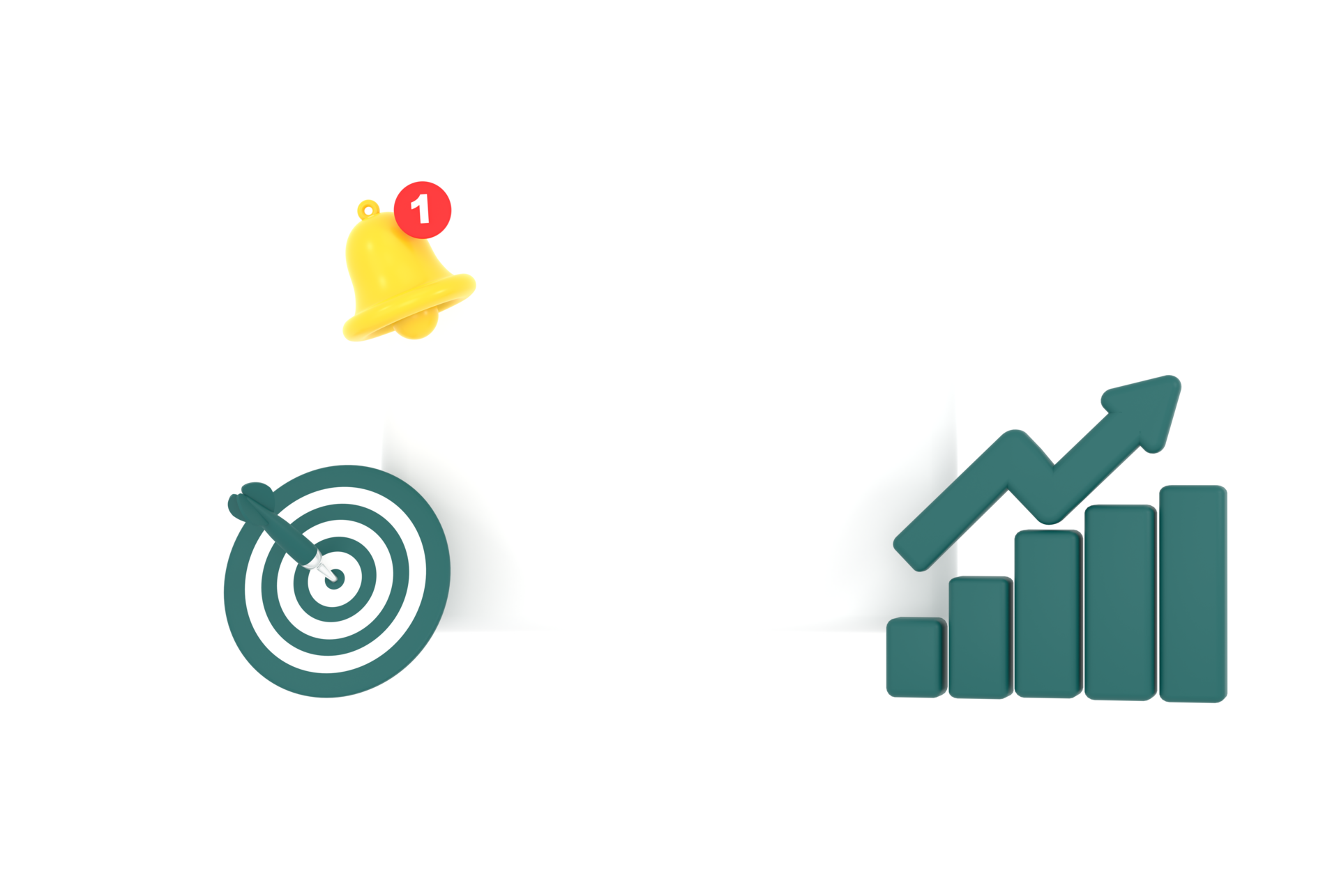 3D. Empty reminder pop up, notification bell icon with darts and coins