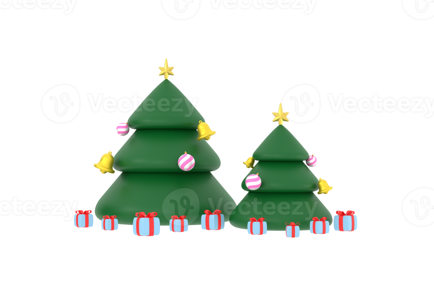 3D. Christmas tree with star, bell and gift box. Merry Christmas and Happy New Year. png