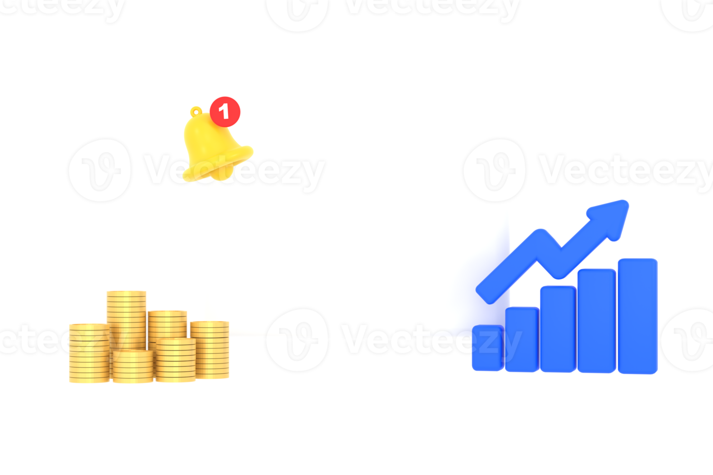 3D. Empty reminder pop up, notification bell icon with graph and coins png