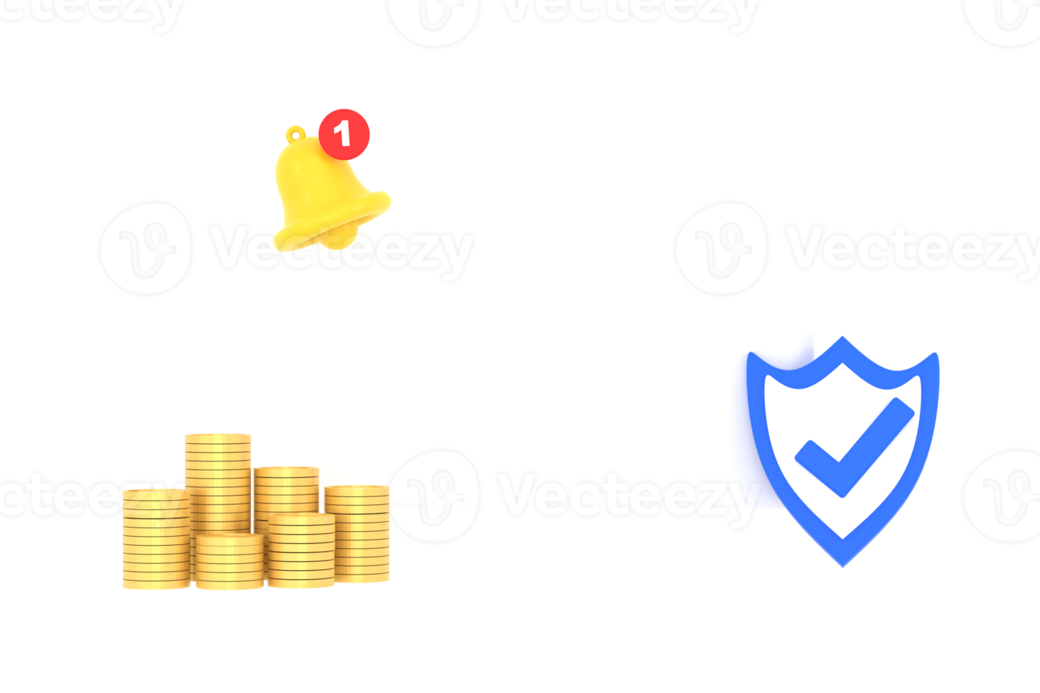 3D. Empty reminder pop up, notification bell icon with shield, check mark and coins. png