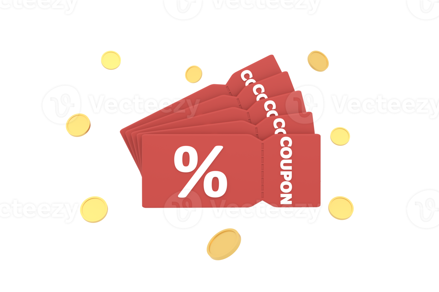 3D. discount coupon with percentage sign with coins. Voucher card cash back with coupon code promotion. png